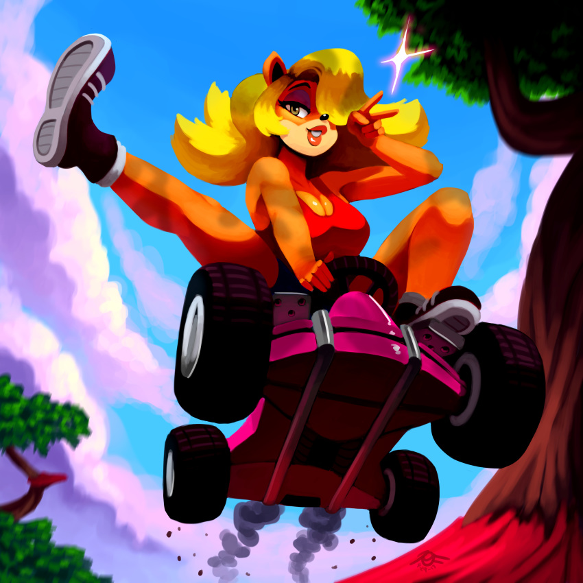 1girl anthro blonde_hair cleavage cloud crash_bandicoot_(series) crash_team_racing driving exhaust eyebrows eyelashes female female_focus female_only furry hair hair_over_one_eye highres kart leg_out legs lips lipstick looking_at_viewer open_shirt orange_fur outdoors ravenousruss shoes sky socks solo tawna_bandicoot teeth tree v vehicle wheel