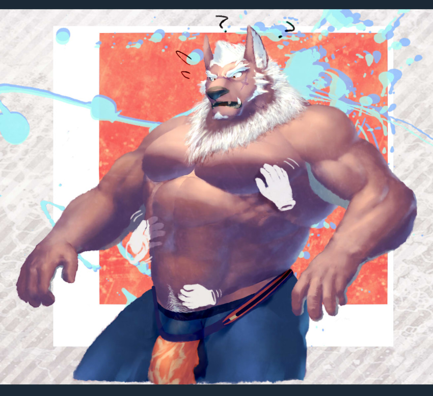 abs anthro biceps bottomwear canid canine canis clothed clothing demon fur hair hi_res male mammal marchosias muscular muscular_male no-zp pecs pubes scar tan_fur tokyo_afterschool_summoners video_games white_hair wolf