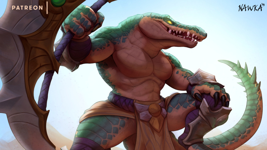 16:9 2019 anthro armor claws crocodile crocodilian crocodylid digital_media_(artwork) hi_res league_of_legends male muscular nawka open_mouth outside pecs renekton reptile riot_games scalie scar sharp_teeth teeth video_games weapon yellow_eyes