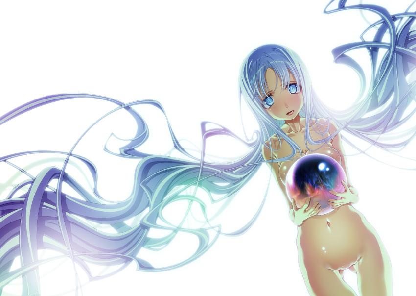 1girl ass_visible_through_thighs bangs blue_eyes blue_hair blush breasts character_request cleavage copyright_request highres huge_filesize long_hair looking_at_viewer navel nude open_mouth orb sakuya_tsuitachi shiny shiny_skin simple_background solo teeth very_long_hair white_background