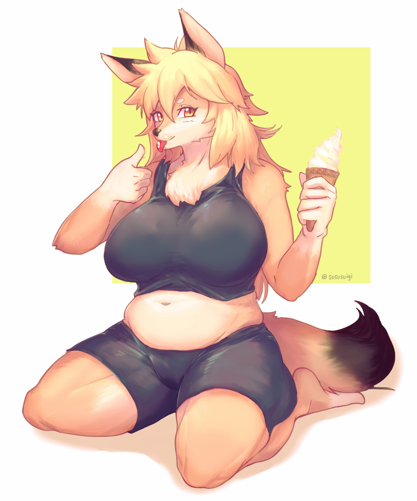 absurd_res amber_eyes anthro black_bottomwear black_clothing black_fur black_topwear bottomwear breasts canid canine clothing crop_top dessert female food fox front_view fur hi_res ice_cream kneeling looking_at_viewer mammal navel shirt simple_background slightly_chubby solo sususuigi tan_fur topwear white_background yellow_background