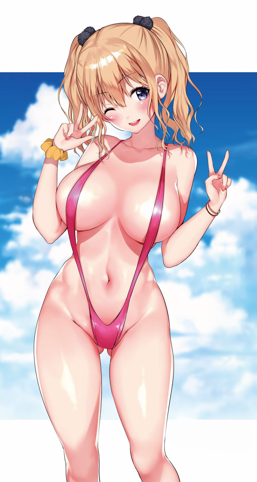 1girl ass_visible_through_thighs bangs bare_shoulders blonde_hair blue_eyes blue_sky blush bracelet breasts cloud cloudy_sky collarbone day detexted eyebrows_visible_through_hair fingernails hair_ornament hands_up head_tilt highres jewelry kurumizawa_asahi large_breasts long_hair looking_at_viewer matarou_(genkai_toppa) navel novel_illustration one_eye_closed open_mouth outdoors pink_swimsuit scrunchie shiny shiny_clothes shiny_hair shiny_skin sidelocks sky slingshot_swimsuit solo stomach swimsuit third-party_edit tokushu_seiheki_kyoushitsu_e_youkoso twintails v yellow_scrunchie