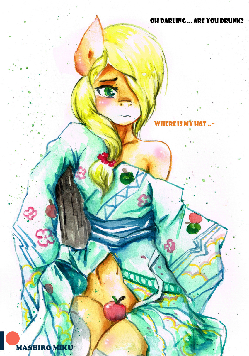 absurd_res anthro applejack_(mlp) clothing equid equine female friendship_is_magic hi_res horse japanese_clothing kimono mammal mashiromiku my_little_pony painting_(artwork) pony traditional_media_(artwork) watercolor_(artwork)
