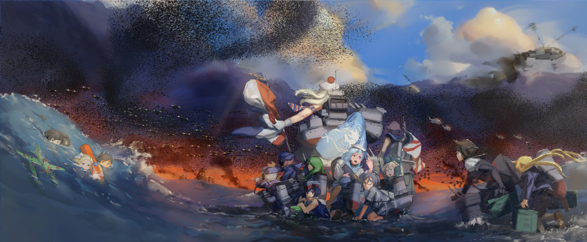 6+girls aircraft amagiri_(kantai_collection) beret cloud enemy_aircraft_(kantai_collection) flag french_flag glasses hat hatsuzuki_(kantai_collection) helicopter highres i-13_(kantai_collection) i-401_(kantai_collection) kantai_collection long_hair luigi_torelli_(kantai_collection) maru-yu_(kantai_collection) multiple_girls nagatsuki_(kantai_collection) richelieu_(kantai_collection) rigging sakawa_(kantai_collection) samuel_b._roberts_(kantai_collection) satsuki_(kantai_collection) school_uniform serafuku shinkaisei-kan sky smoke swimsuit twintails u-511_(kantai_collection) underwater united_nations water ye_fan z1_leberecht_maass_(kantai_collection) z3_max_schultz_(kantai_collection)