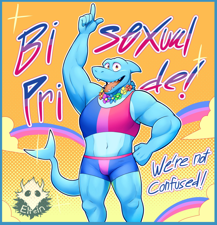 2019 absurd_res anthro bisexual_pride_colors clothing elfein english_text fish hi_res lgbt_pride looking_at_viewer male marine midriff onix_(onixhope) open_mouth pride_colors shark smile solo text