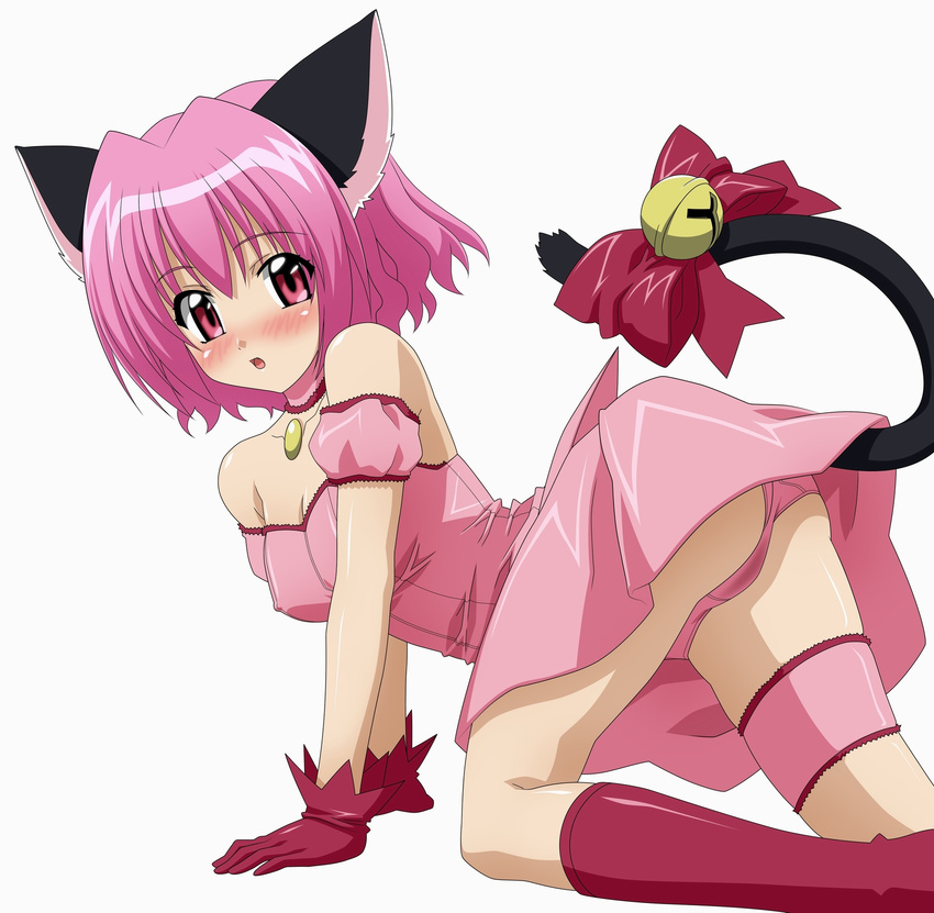 all_fours animal_ears arm_garter ass bell blush boots bow cat_ears cat_tail choker garters gloves highres jingle_bell knee_boots leotard magical_girl mew_ichigo momomiya_ichigo panties pink_choker pink_eyes pink_hair pink_leotard pink_panties red_gloves short_hair solo sugimura_tomokazu tail tail_bell tail_bow tokyo_mew_mew underwear