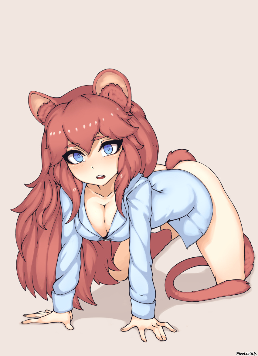 1girl absurdres all_fours animal_ear_fluff animal_ears artist_name ass blue_eyes bottomless breasts brown_fur brown_hair cleavage commentary commission dormouse_(monster_girl_encyclopedia) dress_shirt eyebrows_visible_through_hair full_body fur highres long_hair long_sleeves looking_at_viewer medium_breasts monster_girl_encyclopedia mouse_ears mouse_girl mouse_tail open_mouth original ovosh147 shirt simple_background solo tail vellu_(geenemous) white_shirt