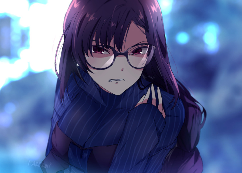 1girl akuta_hinako angry black-framed_eyewear black_dress black_hair blue_bodysuit bodysuit bodysuit_under_clothes braid breasts brown_eyes consort_yu_(fate) dress fare fate/grand_order fate_(series) frown glasses large_breasts long_hair looking_at_viewer single_braid sleeves_past_wrists solo striped_bodysuit upper_body very_long_hair