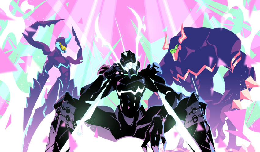 3boys body_armor claws curled_horns dokur01 gueira hand_on_own_cheek helmet highres horned_helmet horns lio_fotia mad_burnish male_focus meis_(promare) multiple_boys promare sitting teeth