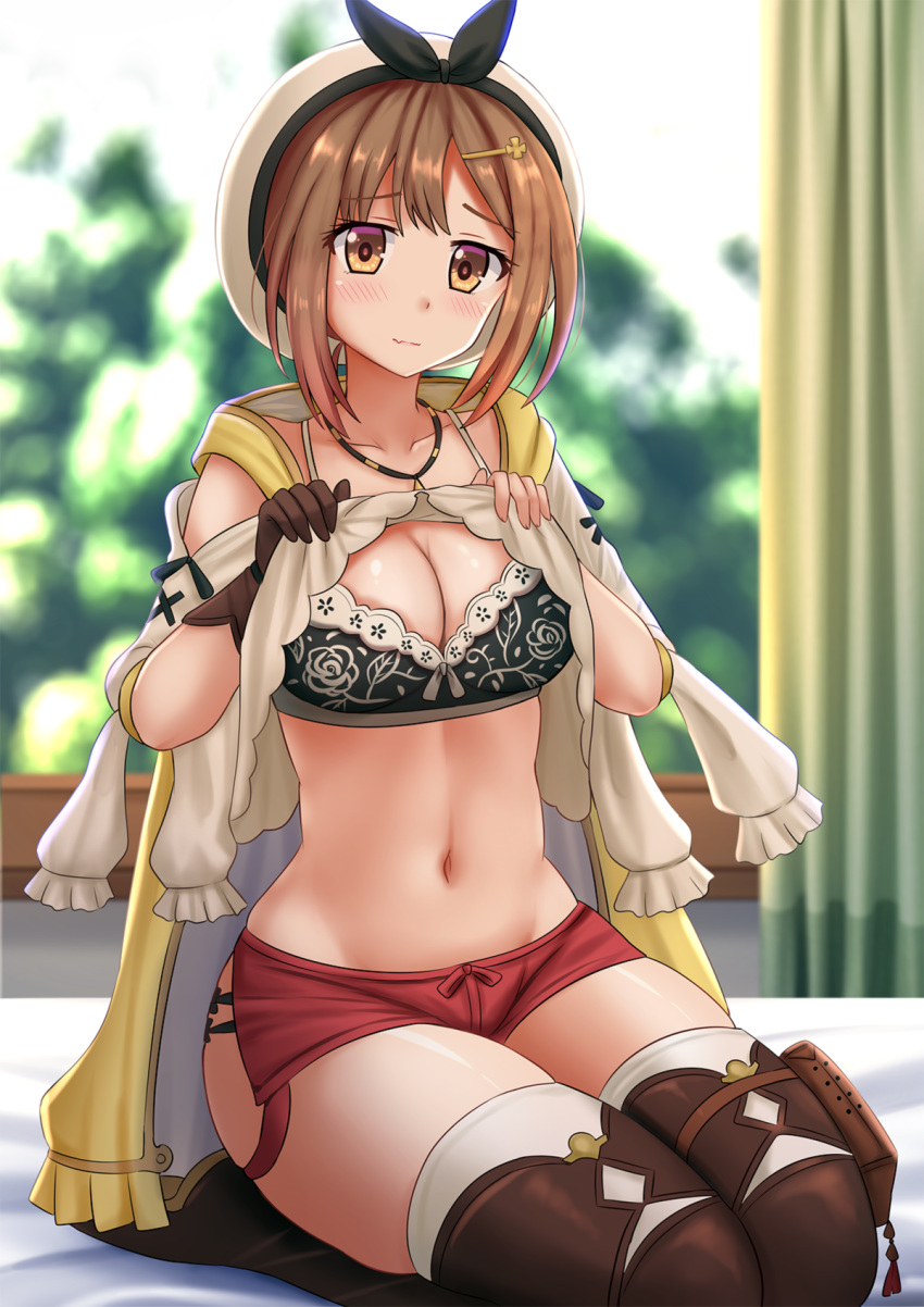 1girl atelier_(series) atelier_ryza beret black_bra blurry blurry_background bra breasts brown_eyes brown_footwear brown_gloves brown_hair cleavage closed_mouth collarbone commentary curtains depth_of_field english_commentary gloves hair_ornament hairclip hat highres holster jewelry kazenokaze large_breasts lifted_by_self looking_at_viewer navel necklace red_shorts reisalin_stout seiza shirt_lift short_hair short_shorts shorts single_glove sitting solo stomach thighhighs thighs underwear wavy_mouth white_headwear window