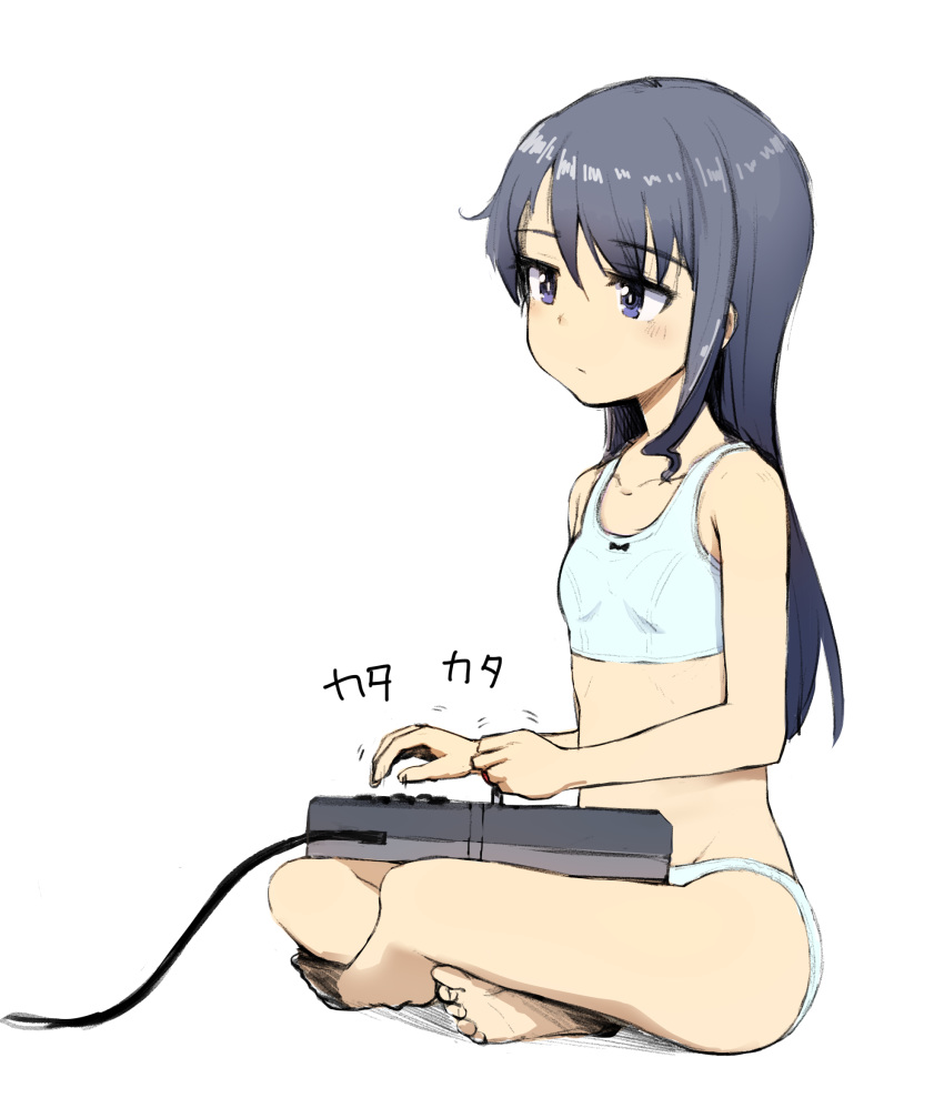 1girl alice_gear_aegis bangs bare_arms bare_legs bare_shoulders barefoot blue_bra blue_panties blush bra breasts closed_mouth commentary_request crossed_legs expressionless eyebrows_visible_through_hair full_body groin hair_between_eyes highres koashi_mutsumi long_hair looking_away momo_(higanbana_and_girl) panties playing_games purple_eyes purple_hair shadow sitting small_breasts solo underwear underwear_only very_long_hair white_background