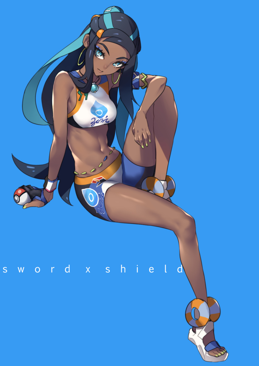 1girl armband ban black_hair blue_background blue_eyes blue_hair breasts closed_mouth commentary dark_skin earrings eyeshadow full_body gloves hair_bun highres holding holding_poke_ball hoop_earrings jewelry leg_up long_hair makeup medium_breasts midriff multicolored_hair nail_polish navel necklace open_toe_shoes partly_fingerless_gloves poke_ball poke_ball_(generic) pokemon pokemon_(game) pokemon_swsh rurina_(pokemon) shorts sidelocks simple_background solo sports_bra toenail_polish two-tone_hair wristband