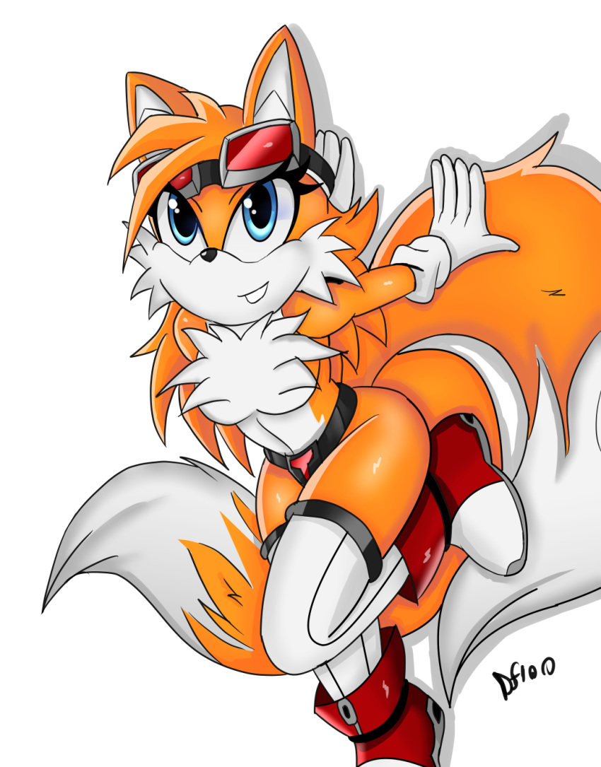 anthro belt blue_eyes canid canine chest_tuft clothing darkfang100 eyewear female fluffy fluffy_tail fox fur goggles hi_res looking_at_viewer mammal miles_prower multi_tail orange_fur solo sonic_(series) tuft white_fur