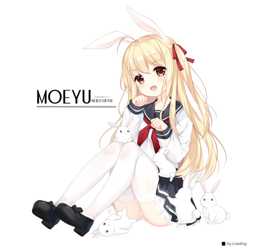 1girl :d ahoge animal animal_ears black_footwear black_sailor_collar black_skirt blonde_hair blush brown_eyes bunny bunny_ears collarbone commentary_request fang hair_ribbon head_tilt highres iron_cross long_hair long_sleeves looking_at_viewer mary_janes neckerchief one_side_up open_mouth original panties paw_pose pleated_skirt red_neckwear red_ribbon ribbon sailor_collar school_uniform serafuku shirt shoes sitting skirt sleeves_past_wrists smile solo thighhighs underwear verjuice very_long_hair watermark web_address white_legwear white_panties white_shirt