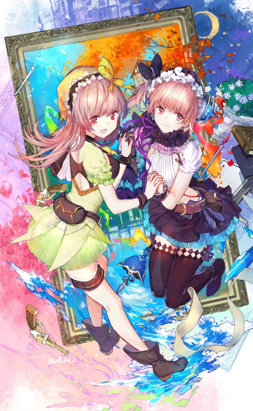 2girls :d atelier_(series) atelier_lydie_&amp;_suelle bangs black_footwear black_gloves black_hairband black_legwear black_ribbon black_skirt book boots breasts brown_hair closed_mouth crescent crop_top dress eyebrows_visible_through_hair fire flower frilled_hairband frills gloves green_dress gun hair_between_eyes hair_ribbon hairband highres holding_hands interlocked_fingers long_hair looking_at_viewer looking_to_the_side lydie_marlen medium_breasts multiple_girls open_mouth painting_(object) picture_frame pleated_skirt puffy_short_sleeves puffy_sleeves red_eyes ribbon rose ruby_(gemstone) shirt short_sleeves siblings side_ponytail single_glove sisters skirt smile suelle_marlen swd3e2 thighhighs twins water weapon white_flower white_rose white_shirt wrist_cuffs