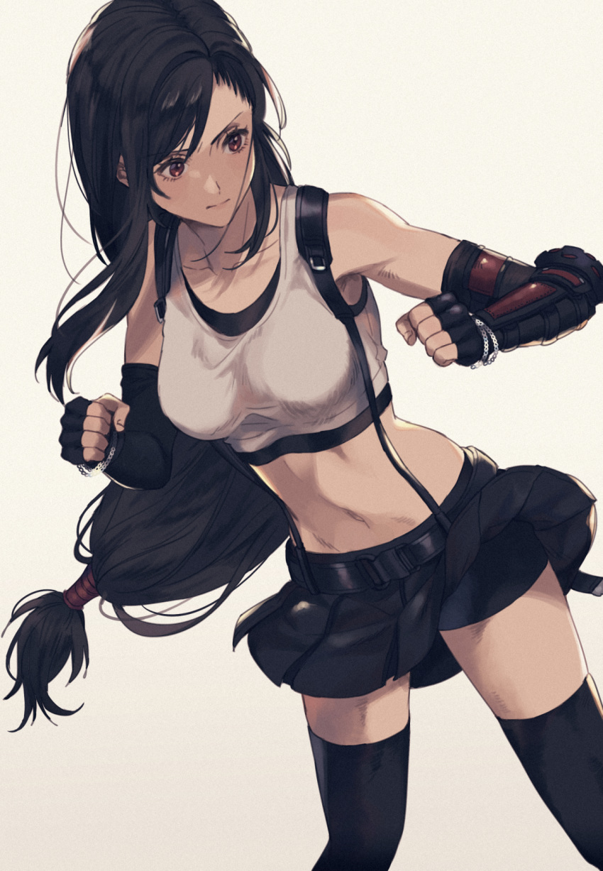 1girl arm_guards black_legwear black_skirt bracelet clenched_hands crop_top elbow_gloves fighting_stance final_fantasy final_fantasy_vii final_fantasy_vii_remake fingerless_gloves gloves grey_background highres humiyooo jewelry long_hair looking_to_the_side low-tied_long_hair midriff miniskirt navel serious simple_background skirt solo stomach suspenders tank_top thighhighs tifa_lockhart undershirt