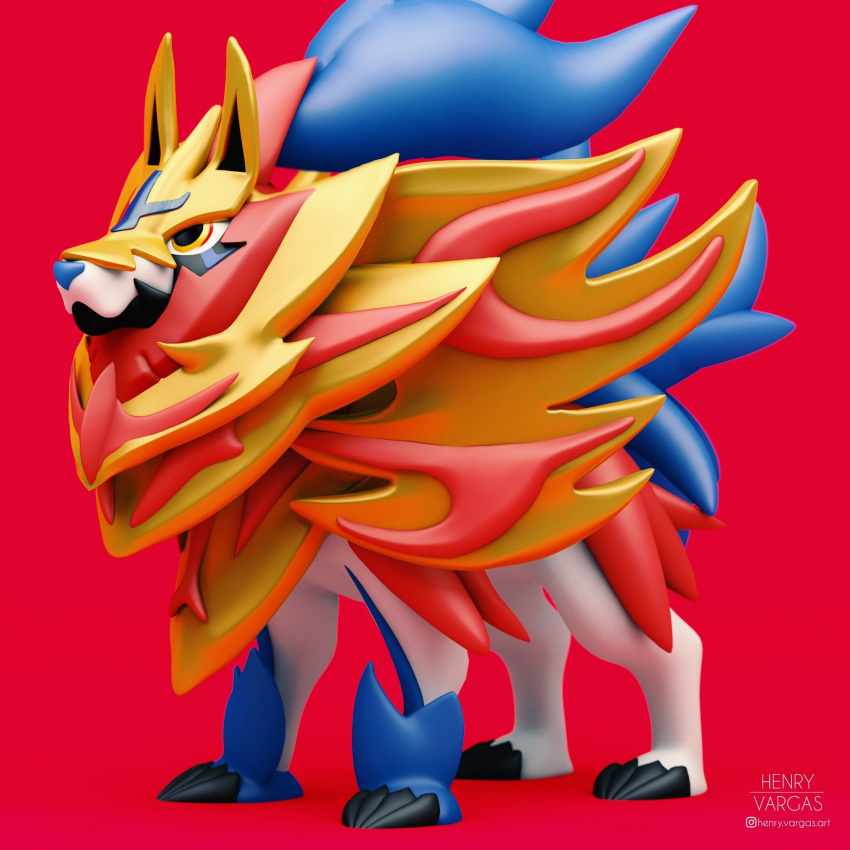 1:1 3d_(artwork) blue_nose canid canine digital_media_(artwork) feral henry_vargas hi_res legendary_pok&eacute;mon looking_forward mammal multicolored_body nintendo pok&eacute;mon pok&eacute;mon_(species) red_background side_view signature simple_background solo standing three-quarter_view video_games zamazenta