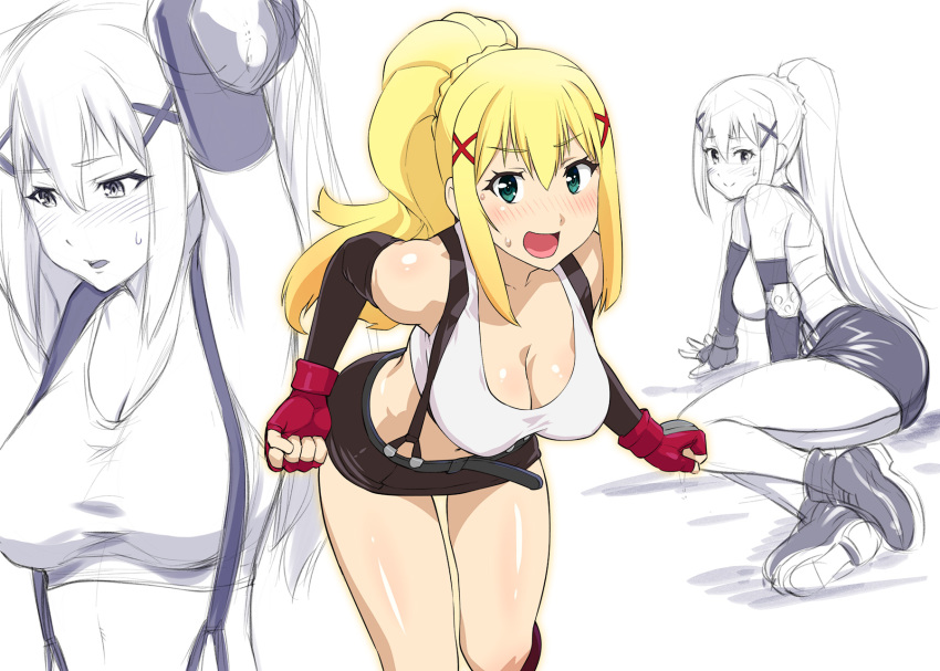 1girl alternate_eye_color arm_support armpits arms_up bangs bare_shoulders belt black_gloves black_skirt blonde_hair blush braid breasts cleavage closed_mouth cosplay crop_top darkness_(konosuba) elbow_gloves eyebrows_visible_through_hair final_fantasy final_fantasy_vii fingerless_gloves gloves green_eyes hair_between_eyes hair_ornament high_ponytail highres kono_subarashii_sekai_ni_shukufuku_wo! large_breasts leaning_forward legs_together long_hair looking_at_viewer looking_to_the_side lying miniskirt multiple_views navel nose_blush on_side open_mouth parted_lips red_gloves shiny shiny_skin shoes sidelocks sitting sketch skirt smile solo standing suspenders sweat thighs tifa_lockhart tifa_lockhart_(cosplay) tongue ueyama_michirou white_crop_top x_hair_ornament