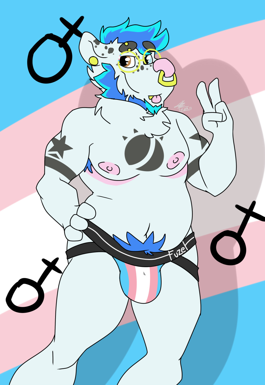 2019 absurd_res anthro armpit_hair beard blue_eyes bulge clothed clothing digital_media_(artwork) ear_piercing eyewear facial_hair gender_symbol glasses hair heterochromia hi_res jockstrap lgbt_pride looking_at_viewer male mammal mastectomy_scars navel nipples pecs piercing pride_colors scar simple_background smile solo sylvanedadeer symbol topless transgender_pride_colors underwear ursid ursine visibly_trans ♀