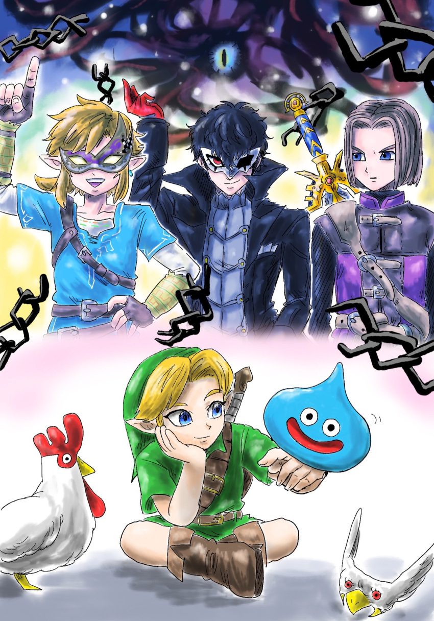 amamiya_ren bird black_hair blonde_hair blue_eyes brown_hair cape chicken crossover dragon_quest dragon_quest_xi dual_persona earrings fingerless_gloves gloves hero_(dq11) highres jewelry kicdon link looking_at_viewer male_focus mask multiple_boys pants persona persona_5 plaid plaid_pants pointy_ears ponytail red_eyes red_gloves slime slime_(dragon_quest) smile super_smash_bros. sword the_legend_of_zelda the_legend_of_zelda:_breath_of_the_wild the_legend_of_zelda:_majora's_mask the_legend_of_zelda:_ocarina_of_time tunic weapon young_link