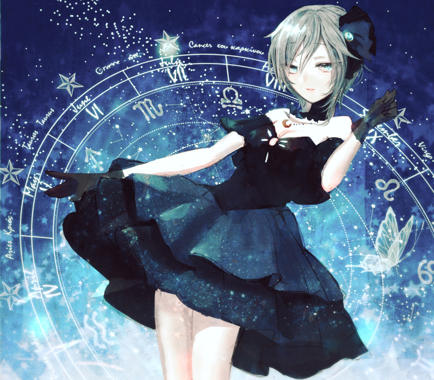 1girl anastasia_(idolmaster) black_dress black_gloves blue_eyes breasts bug butterfly choker cleavage dress eyebrows_visible_through_hair gloves hair_between_eyes hair_ornament highres idolmaster idolmaster_cinderella_girls insect jewelry layered_dress leaning_back medium_breasts necklace off-shoulder_dress off_shoulder parted_lips project_krone rum_raisin_(chihiromakita19) short_hair silver_hair smile solo zodiac