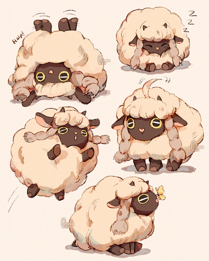 ahoge ahoge_wag artist_name braid bug butterfly butterfly_on_nose clivenzu commentary english_commentary expressive_hair fluffy gen_8_pokemon highres horns insect jumping multiple_views no_humans pokemon pokemon_(creature) pokemon_(game) pokemon_swsh sheep simple_background sleeping stuck twin_braids upside-down wooloo zzz