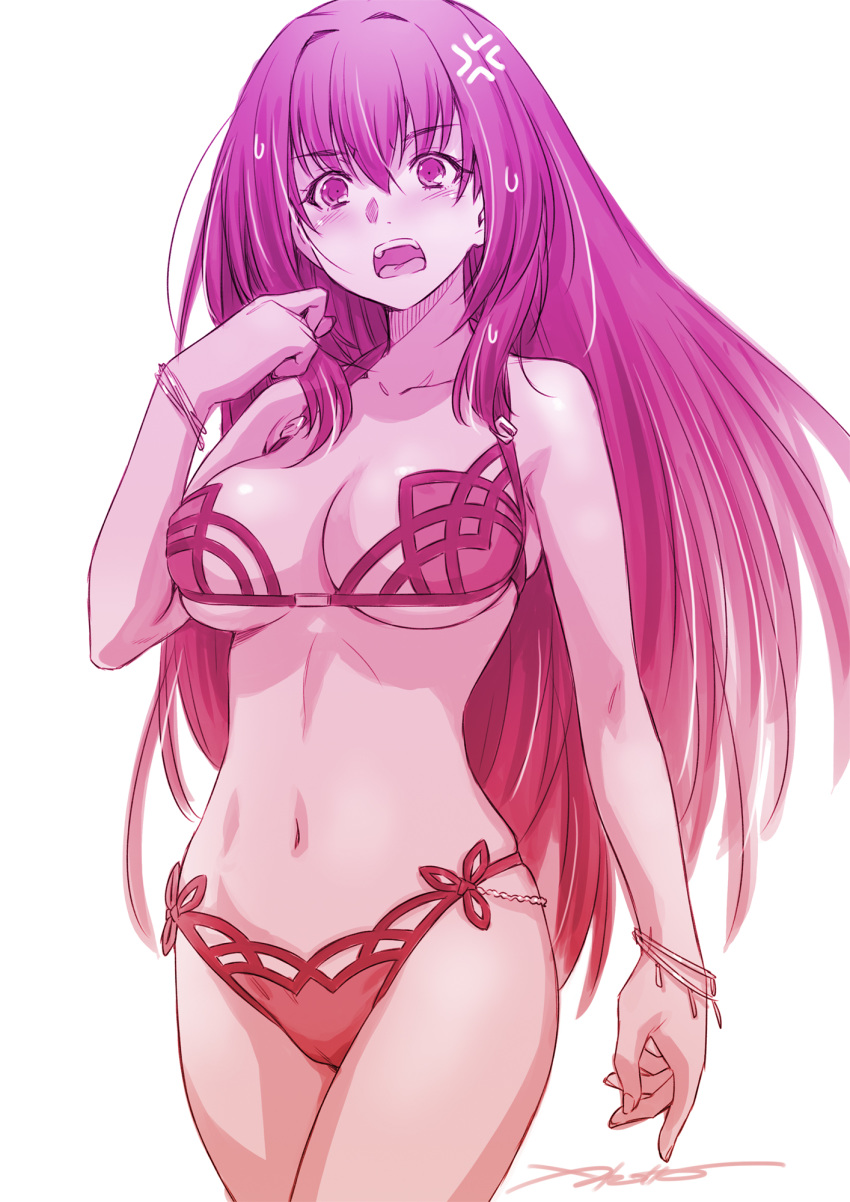 1girl anger_vein bangs bare_shoulders blush breasts cleavage collarbone fate/grand_order fate_(series) hair_between_eyes hair_intakes highres kazuma_muramasa large_breasts long_hair looking_at_viewer monochrome navel open_mouth scathach_(fate)_(all) scathach_(swimsuit_assassin)_(fate) simple_background solo thighs white_background