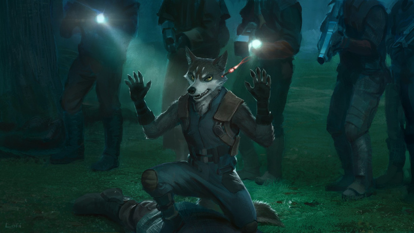 16:9 2019 5_fingers anthro black_nose canid canine canis clothed clothing digital_media_(artwork) fangs footwear fully_clothed group guardians_of_the_galaxy gun hi_res lofi mammal marvel ranged_weapon shoes weapon whiskers wolf yellow_eyes