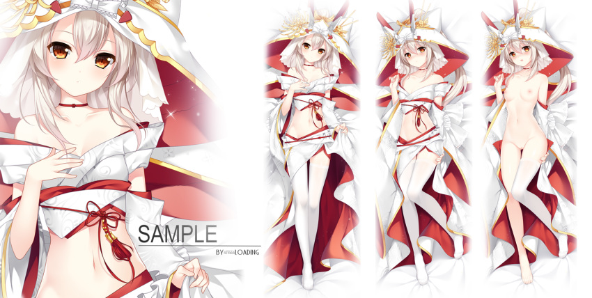 1girl alternate_costume ayanami_(azur_lane) ayanami_(demon's_dress)_(azur_lane) azur_lane bare_shoulders barefoot bed_sheet blush breasts bridal_veil choker dakimakura detached_sleeves expressionless hair_between_eyes hand_on_own_chest headpiece japanese_clothes kimono knees_together_feet_apart legs_together long_hair looking_at_viewer lying midriff multiple_views navel nipples no_panties on_back open_mouth orange_eyes ponytail pussy sample silver_hair single_thighhigh small_breasts thighhighs topless uchikake veil verjuice white_legwear wide_sleeves