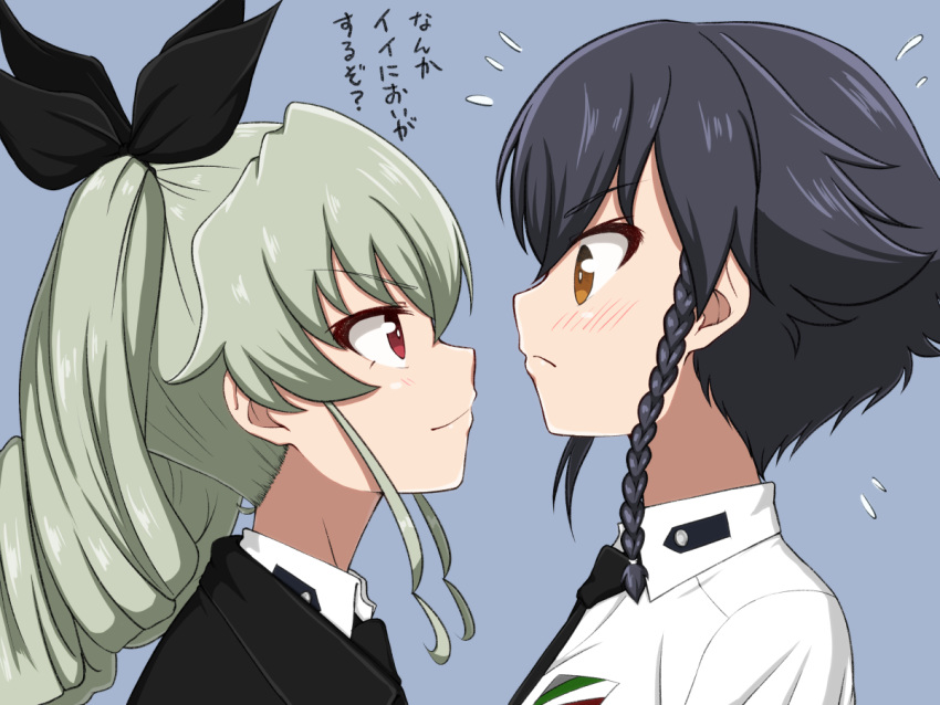 2girls anchovy anzio_school_uniform black_hair blush bow braid brown_eyes cape commentary drill_hair flying_sweatdrops girls_und_panzer green_hair hair_bow long_hair multiple_girls pepperoni_(girls_und_panzer) red_eyes ruka_(piyopiyopu) school_uniform short_hair simple_background single_braid translated twin_drills