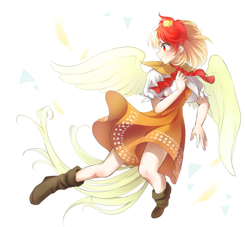 1girl arms_up bird bird_tail bird_wings blonde_hair boots brown_dress brown_footwear capelet chick commentary_request dress feathered_wings feathers foreshortening full_body highres layered_dress looking_to_the_side mirei_(miirei) multicolored_hair neck_ribbon niwatari_kutaka outstretched_leg profile puffy_short_sleeves puffy_sleeves red_eyes red_hair red_neckwear ribbon short_hair short_sleeves simple_background smile solo touhou two-tone_hair white_background wings
