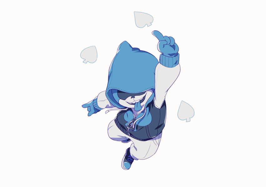 &spades; 2018 action_pose child clothed clothing darkner deltarune digital_media_(artwork) headgear hi_res hoodie humanoid jacket jumping lancer_(deltarune) male not_furry pose simple_background smile solo suit_symbol suspended_in_midair teeth tongue topwear tyokobanana_d video_games white_background young