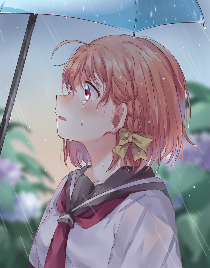 1girl ahoge bangs blurry blurry_background blush bow braid commentary_request crying flower hair_bow highres hydrangea love_live! love_live!_sunshine!! makura_(makura0128) neckerchief open_mouth orange_hair outdoors rain red_eyes red_neckwear school_uniform serafuku short_hair side_braid solo takami_chika tears umbrella upper_body uranohoshi_school_uniform wet yellow_bow