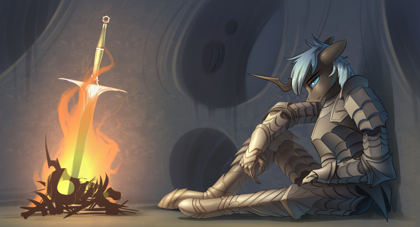 2019 absurd_res anthro blue_eyes blue_hair bonfire changeling darksouls digital_media_(artwork) fan_character fire hair hi_res male melee_weapon my_little_pony sitting solo sword underpable weapon