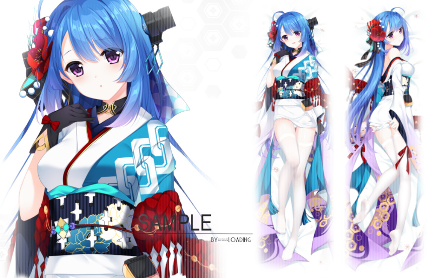 1girl ahoge alternate_costume asymmetrical_bangs azur_lane bangs bed_sheet black_gloves blue_hair blush dakimakura eyebrows_visible_through_hair flower full_body gloves hair_flower hair_ornament headpiece helena_(azur_lane) helena_(the_blue_bird's_new_year)_(azur_lane) japanese_clothes kimono long_hair looking_at_viewer lying multiple_views obi off_shoulder on_back on_side panties pantyshot parted_lips purple_eyes sample sash short_kimono smile thighhighs thighs underwear verjuice white_legwear white_panties