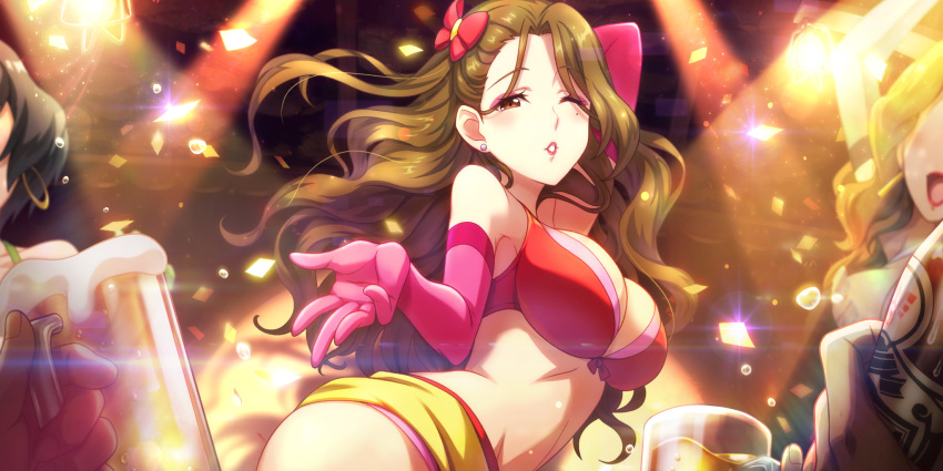 3girls alcohol beer beer_mug bikini bow breasts brown_eyes brown_hair confetti dancer elbow_gloves game_cg gloves hair_bow highres kouya_no_kotobuki_hikoutai large_breasts lipstick long_hair makeup midriff mole mole_under_eye multiple_girls non-web_source official_art one_eye_closed solo_focus swimsuit zara_(kouya_no_kotobuki_hikoutai)