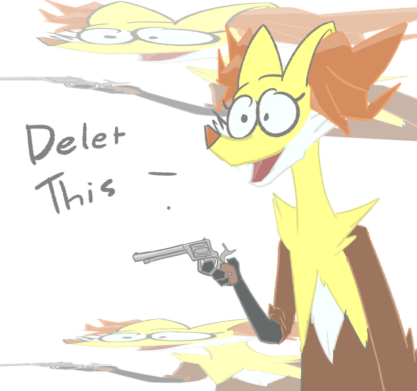 delet_this delphox female gun handgun hi_res humor meme nintendo pok&eacute;mon pok&eacute;mon_(species) ranged_weapon reaction_image revolver solo video_games weapon yiffmachine