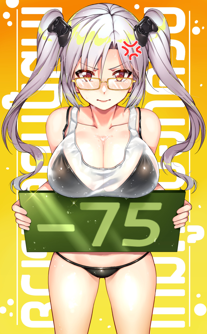 1girl absurdres anger_vein bangs bikini black_bikini blush breasts cleavage collarbone controller game_controller glasses hair_ornament highres holding holding_sign large_breasts long_hair looking_at_viewer see-through sign solo steam_(platform) swimsuit tank_top twintails wet white_hair yakimi_27 yellow-framed_eyewear yellow_eyes