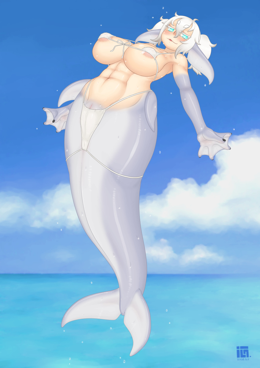 absurd_res anus_outline areola areola_slip beluga blue_eyes blue_sky camel_toe cetacean clothing cloud day delphinoid eyebrow_through_hair eyebrows female hair hi_res humanoid looking_at_viewer mammal marine mature_female membrane_(anatomy) merfolk monodontid namu_gunsou navel outside pink_areola pussy sky solo swimwear toothed_whale translucent translucent_hair water webbed_hands wet white_bikini white_clothing white_eyelashes white_hair white_pupils white_swimwear