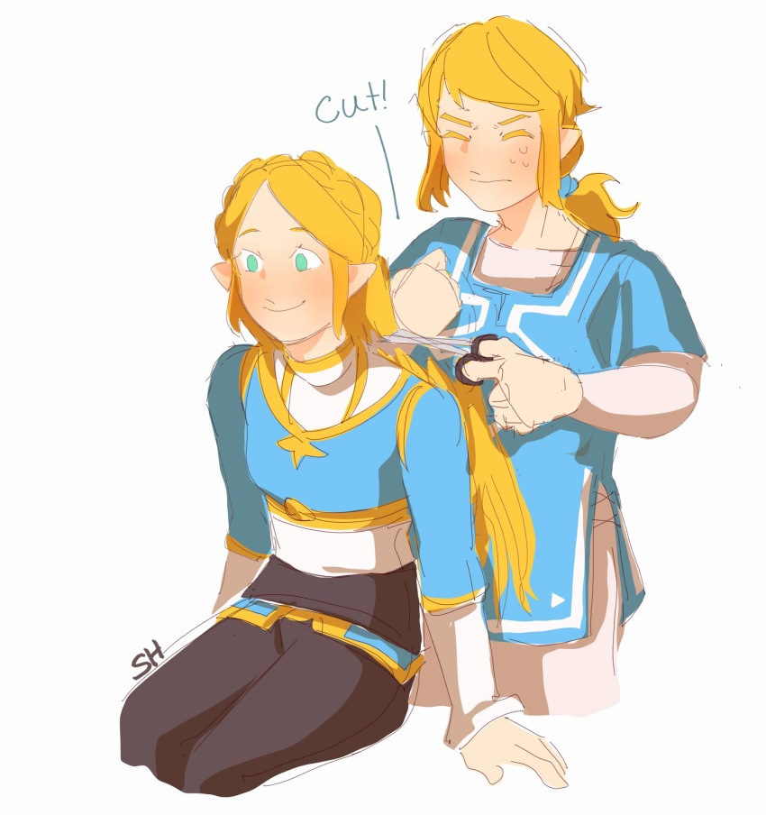 1boy 1girl aqua_eyes artist_request blonde_hair blue_tunic closed_eyes cutting_hair elf frown highres link long_hair pants pointy_ears princess_zelda scissors short_hair smile sweatdrop the_legend_of_zelda:_breath_of_the_wild_2