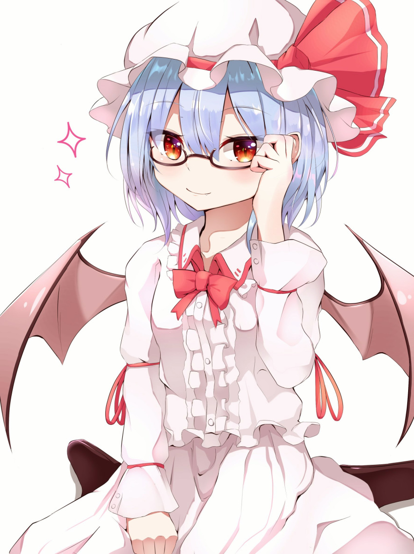 1girl arm_ribbon bangs bat_wings bespectacled between_legs black_legwear blouse blue_hair bow bowtie commentary_request embellished_costume eyebrows_visible_through_hair fang frilled_blouse glasses hair_between_eyes hand_between_legs hand_on_eyewear hat hat_ribbon highres iyo_(ya_na_kanji) long_sleeves looking_at_viewer mob_cap pantyhose parted_bangs red_bow red_eyes red_neckwear red_ribbon remilia_scarlet ribbon semi-rimless_eyewear short_hair simple_background sitting skirt skirt_set slit_pupils smile solo sparkle symbol_commentary touhou under-rim_eyewear wariza white_background white_blouse white_headwear white_skirt wings