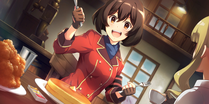 2girls :d black_hair blue_scarf brown_eyes brown_gloves coat cup dutch_angle emma_(kouya_no_kotobuki_hikoutai) fingerless_gloves food fork game_cg gloves highres karaage kirie_(kouya_no_kotobuki_hikoutai) knife kouya_no_kotobuki_hikoutai long_sleeves multiple_girls non-web_source official_art open_mouth pancake plate red_coat scarf short_hair smile solo_focus teacup