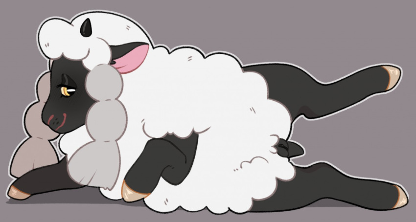 2019 bovid caprine compression_artifacts female feral grey_background half-closed_eyes hooves horn lying mammal nintendo on_side pok&eacute;mon pok&eacute;mon_(species) pokemania presenting pussy simple_background smile solo video_games wool wooloo yellow_eyes