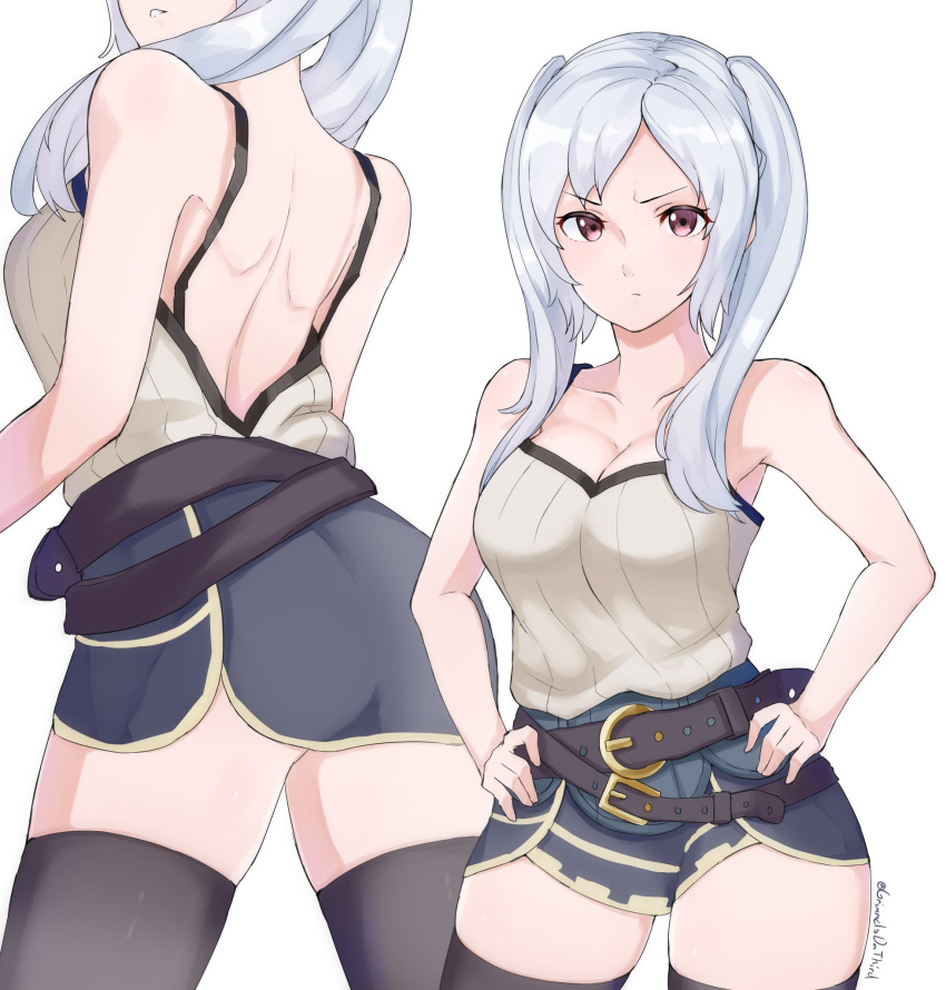 1girl ass breasts cleavage collarbone contrapposto female_my_unit_(fire_emblem:_kakusei) fire_emblem fire_emblem:_kakusei grimmelsdathird hands_on_hips highres medium_breasts my_unit_(fire_emblem:_kakusei) nintendo purple_eyes solo tank_top thighhighs thighs twintails twitter_username white_background white_hair