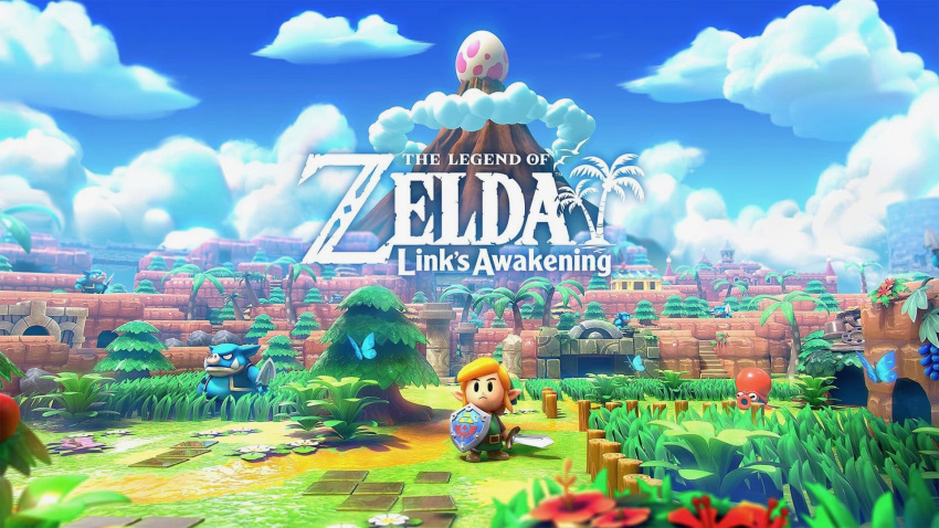 belt belt_buckle blonde_hair blue_sky building butterfly clothed clothing cloud cloudy_sky egg flower fruit grass green_tunic hair holding holding_sword holding_weapon house human hylian_shield link link's_awakening moblin mountain nintendo octorok official_art outdoors palm_tree pointy_ears shield shirt sky sword the_legend_of_zelda tree tunic volcano