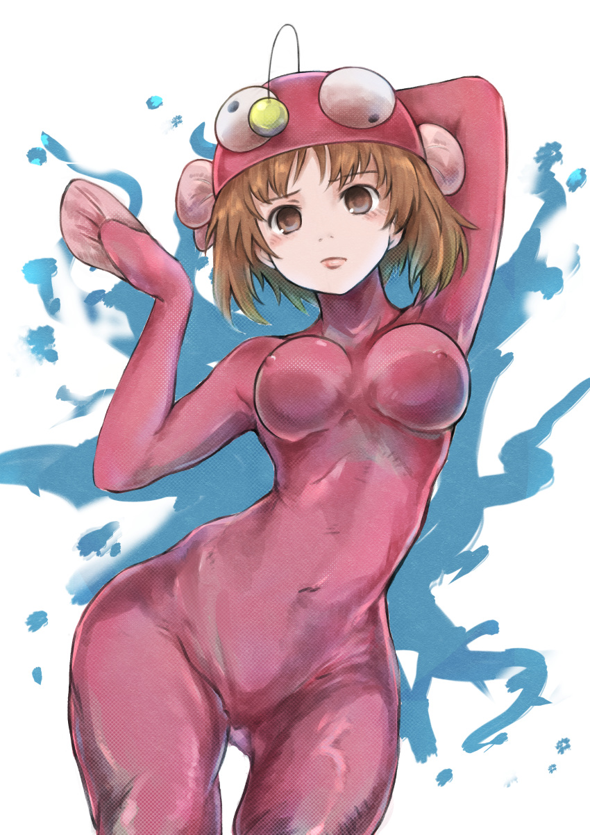 1girl absurdres arm_behind_back arms_up bangs blue_background bodysuit breasts brown_eyes brown_hair closed_mouth covered_navel covered_nipples cowboy_shot dancing ennui_orz eyebrows_visible_through_hair fish_costume fish_hat frown girls_und_panzer highres leaning_to_the_side light_blush lips looking_at_viewer medium_breasts nishizumi_miho paint_splatter pink_bodysuit pink_headwear short_hair sitting solo traditional_media
