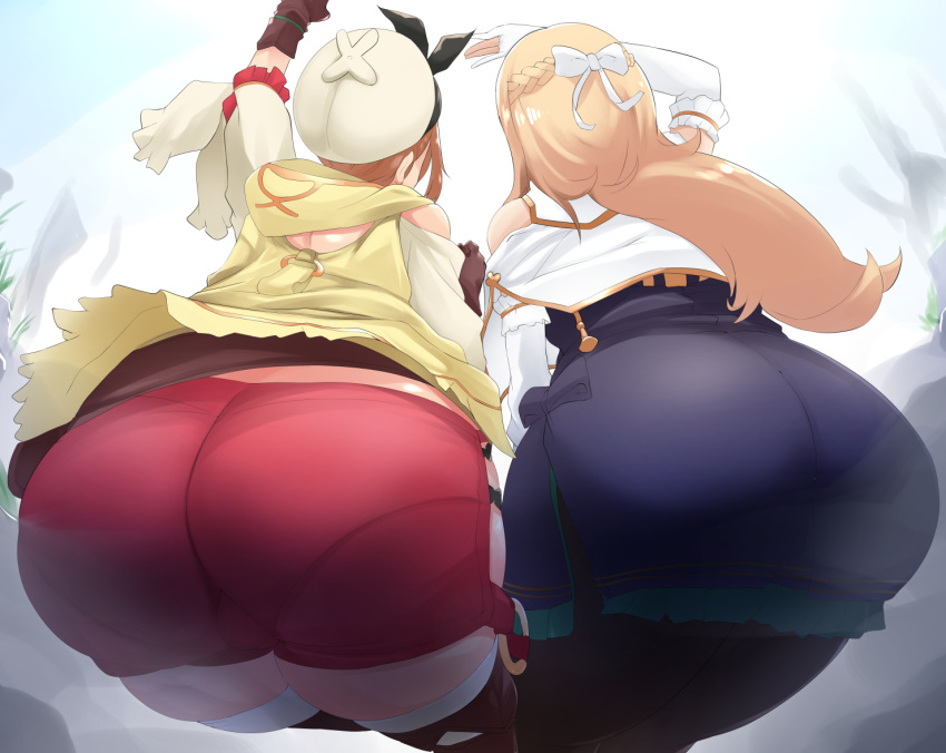 2girls ass atelier_(series) atelier_ryza black_bow blonde_hair bow braid brown_hair commentary_request elbow_gloves from_behind gloves hat klaudia_valentz long_hair mizuyan multiple_girls outstretched_arm pantyhose pantylines red_shorts reisalin_stout short_shorts shorts skirt thighhighs thighs white_bow