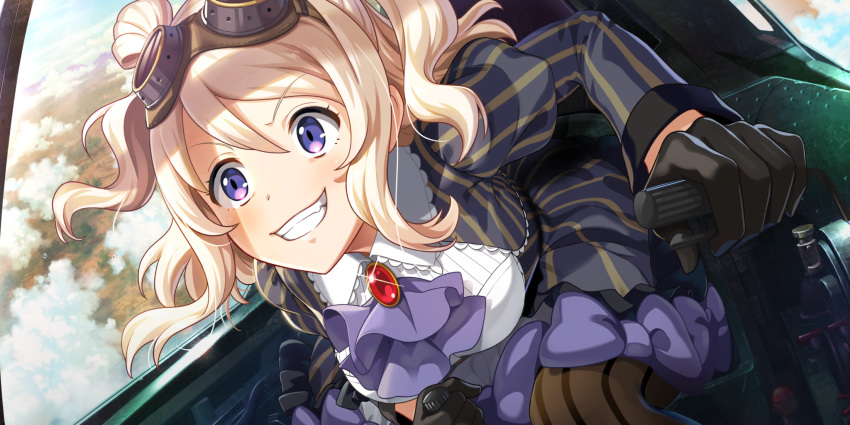 1girl black_gloves blonde_hair brooch character_request cloud cockpit control_stick cravat dress game_cg gloves goggles goggles_on_head grin hair_between_eyes highres jewelry kouya_no_kotobuki_hikoutai long_hair long_sleeves non-web_source official_art pantyhose pilot purple_eyes sitting smile solo striped striped_legwear two_side_up vertical-striped_dress vertical-striped_legwear vertical_stripes