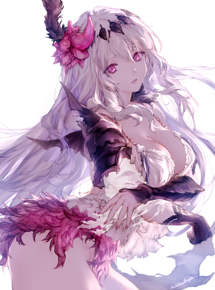 1girl bangs bare_shoulders black_gloves breasts cleavage collarbone commentary_request cowboy_shot dark_jeanne diadem dress eyebrows_visible_through_hair eyepatch feathers fingernails flower gauntlets gloves granblue_fantasy hair_between_eyes hair_feathers hair_flower hair_ornament hairband highres jeanne_d'arc_(granblue_fantasy) large_breasts lily_(flower) long_fingernails long_hair looking_at_viewer michudx nail_polish no_panties parted_lips pauldrons pink_hair pink_nails short_dress sidelocks simple_background single_glove sleeveless sleeveless_dress solo standing vambraces very_long_hair white_background white_dress