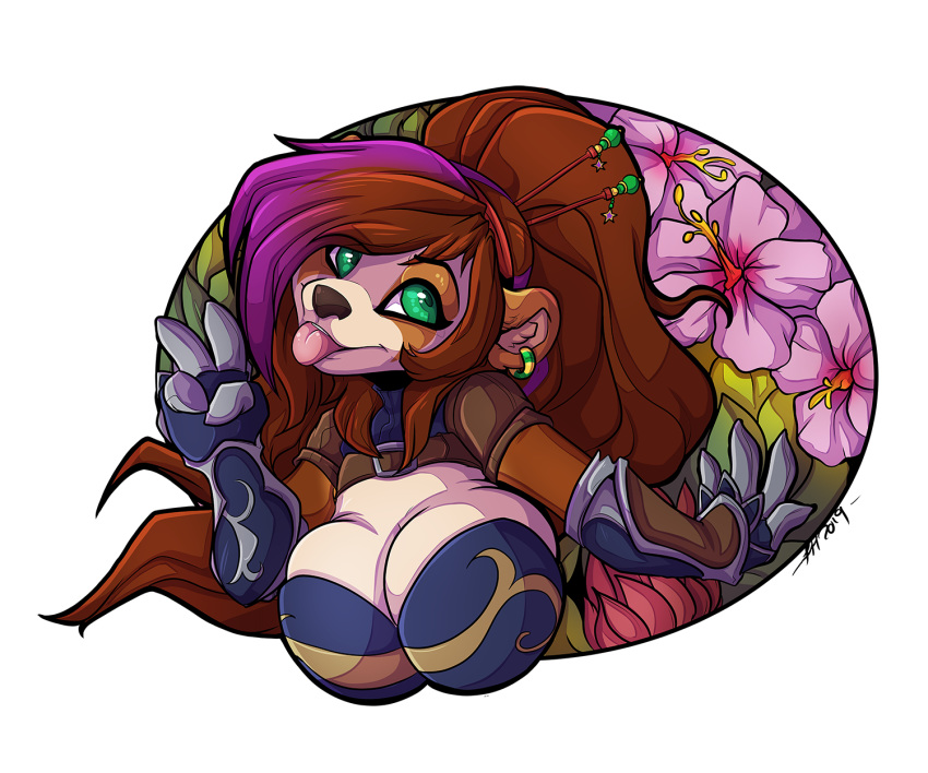 anthro big_breasts blizzard_entertainment breasts clothed clothing ear_piercing female flower furkinghell gesture hair hi_res huge_breasts kiku_(white_knight19) mammal pandaren piercing plant red_pandaren smile solo tongue tongue_out ursid v_sign video_games warcraft